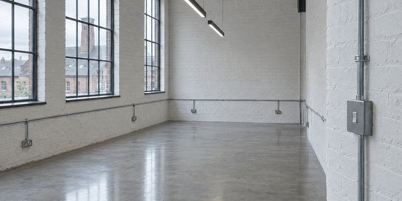 Commercial unit in a converted brick building with galvanised conduit, a metal-clad switch and LED pendant lights