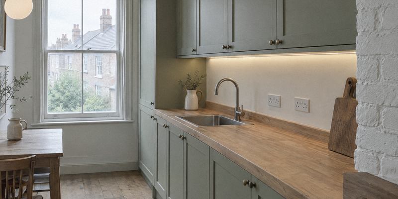 Victorian terrace kitchen with double sockets above an oak worktop and LED lights under the cabinets