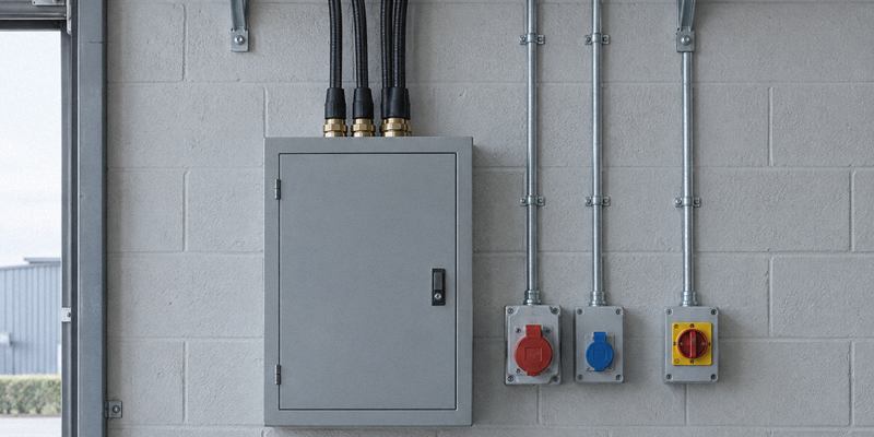 Three-phase board, red 32 A industrial socket and isolator on a workshop wall